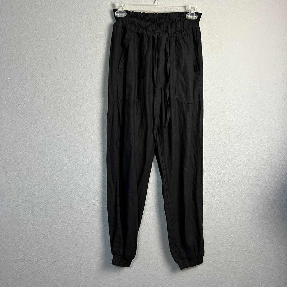 Love Tree Black Linen Blend Smocked Waist Drawstring Jogger Pants Small NWT